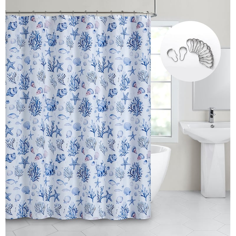 Dainty Home Seaside 3D Textured Fabric Shower Curtain with 12 Metal Rollerball Hooks, 70" x 72"