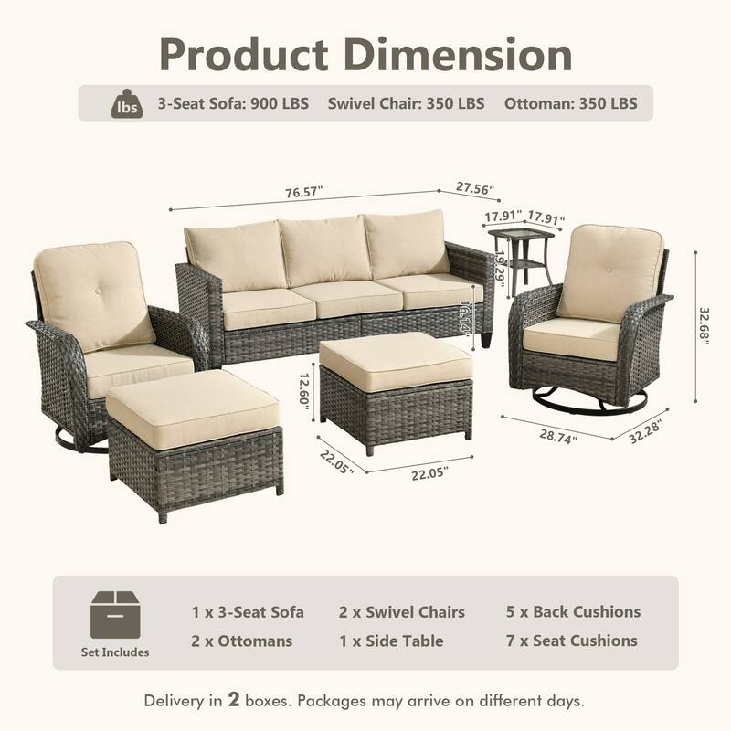 HOOOWOOO 6-piece Grey Wicker Outdoor Swivel Rocking Chair Set for Patio