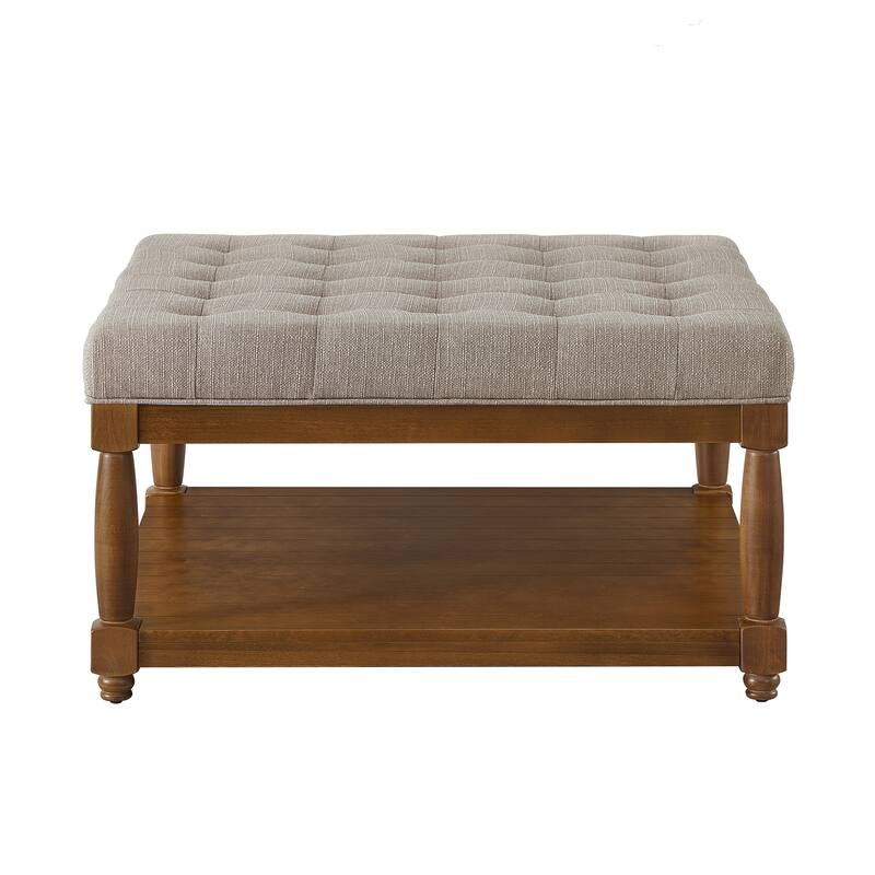 Large Square Upholstered Tufted Linen Ottoman Coffee Table, Large Footrest Ottoman with Solid Wood Shelf