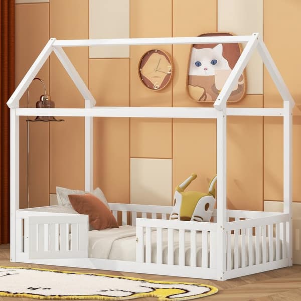 slide 2 of 14, Twin Size Wooden House-Themed Bed with Playful Roof and Guardrail Design, Includes Fence with Door White