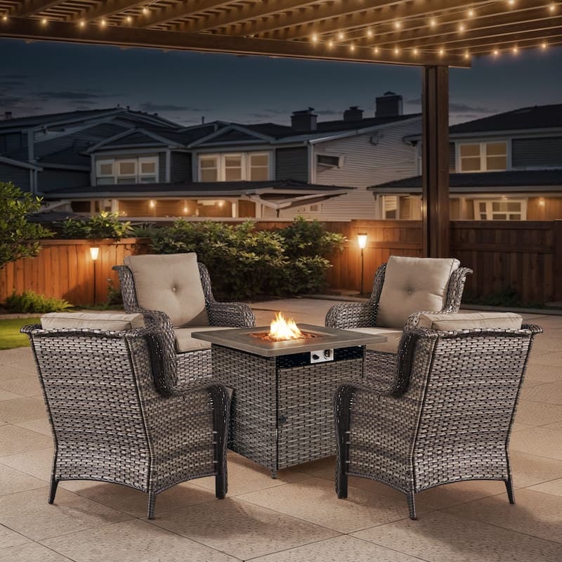 Gymojoy 5-Piece Outdoor Wicker Patio Furniture with Fire Pit Table, Rattan Coversation Set with Water Resistant Thick Cushions
