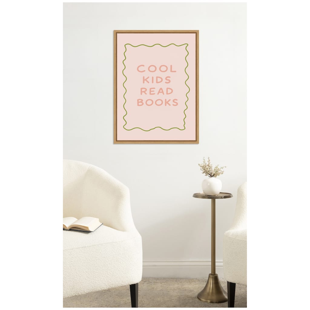 Kate and Laurel Cool kids Read Books Pink Green by Laura Moss Framed Canvas Wall Art Print