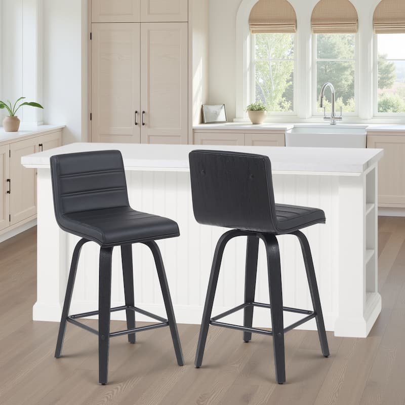 Skara Mid-Century Swivel Counter Stool, Upholstered Counter Height Chair with Bentwood Legs - Black Faux Leather  & Black - Set of 2