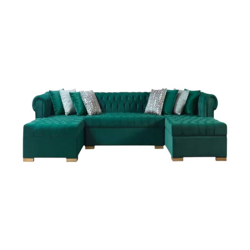 HomeRoots Green Velvet U Shaped Three Piece Sofa and Chaise Sectional With Toss Pillows