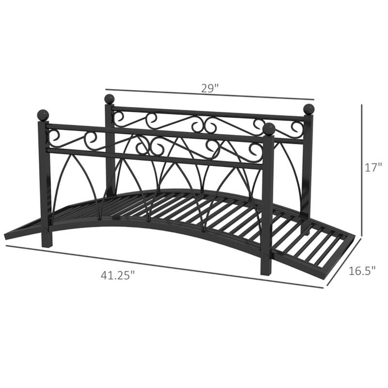 Vintage Style Decorative Steel Garden Bridge with Scrollwork and Safety Side Rails for Outdoor Pond Stream