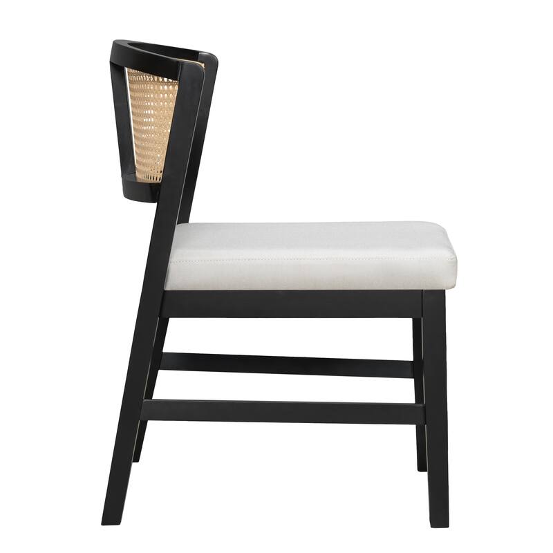 Rattan Dining Chairs Set of 2, Armless Dining Chairs Upholstered Kitchen Side Chairs with Curved Rattan Back, Hardwood Frame