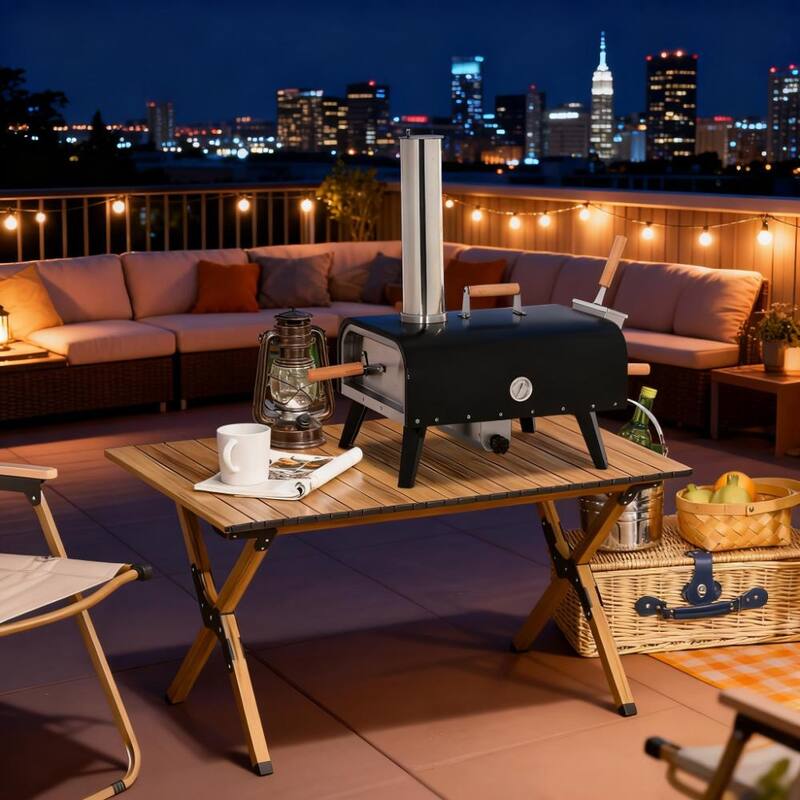 GDFStudio - Portable Outdoor Pellet Pizza Oven with 12" Cordierite Stone, Foldable Legs, Thermometer and Pizza Peel