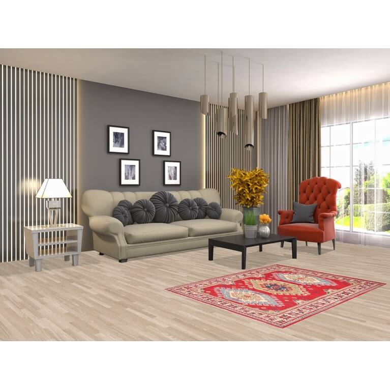 Geometric Kazak Accent Rug Hand-Knotted Red Wool Carpet - 3'4" x 4'7"