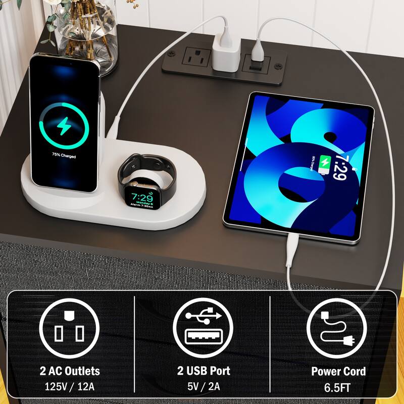 Modern 2-Piece Nightstand with LED Light and 3 Fabric Drawers