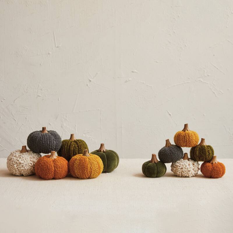 Bouclé Velvet Pumpkin Holiday Decor with Wood Stem, Set of 6 - Multi