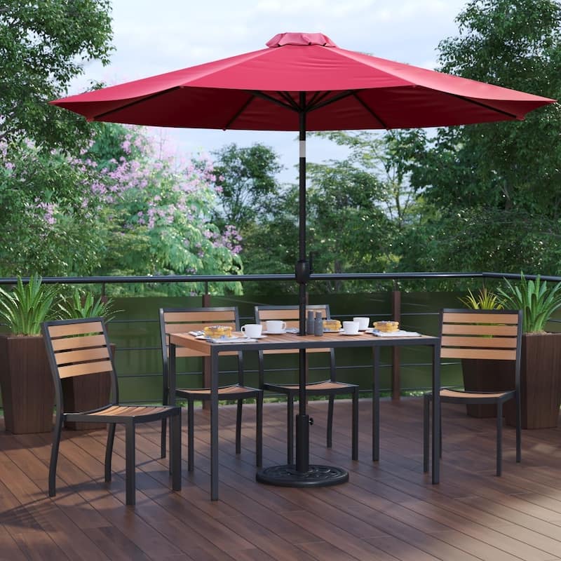 Faux Teak Patio Table, 4 Chairs & 9FT Patio Umbrella with Base