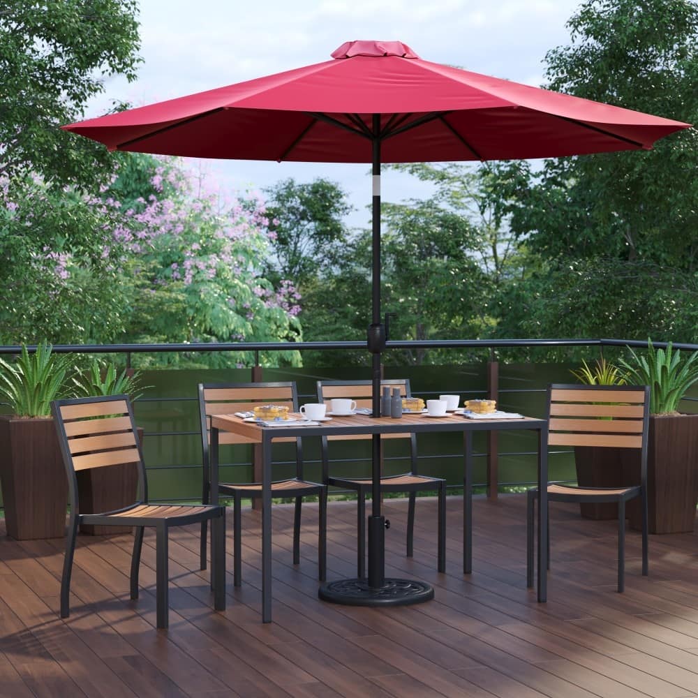 Faux Teak Patio Table, 4 Chairs & 9FT Patio Umbrella with Base - 30"W x 48"D x 29.5"H
