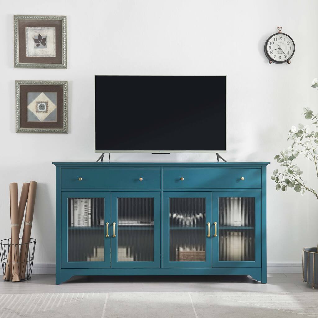 Teal Blue 65" TV Stand with Two Large Drawers, Glass Doors and Adjustable Shelves for TVs up to 72"