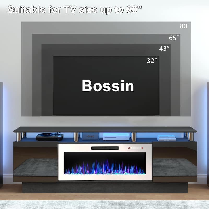 BOSSIN 70" Modern Electric Fireplace TV Stand, with Electronic Flame and LED Lights, High Gloss Finish Entertainment Center