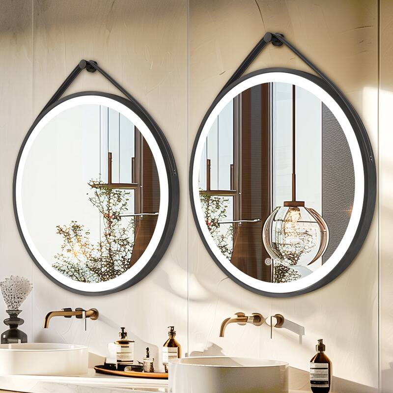 Round Black Framed Bathroom Mirrors Vanity Lighting with Microfiber Leather Hanging Strap - 24" Dia.