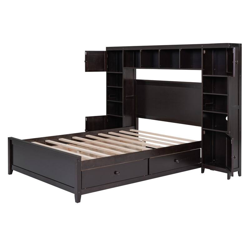 Full Size Platform Bed w/ All-in-One Cabinet & 10 Shelves, Wooden Bed Frame w/ 4 Drawers, Versatility Storage Bed for Kids Teens