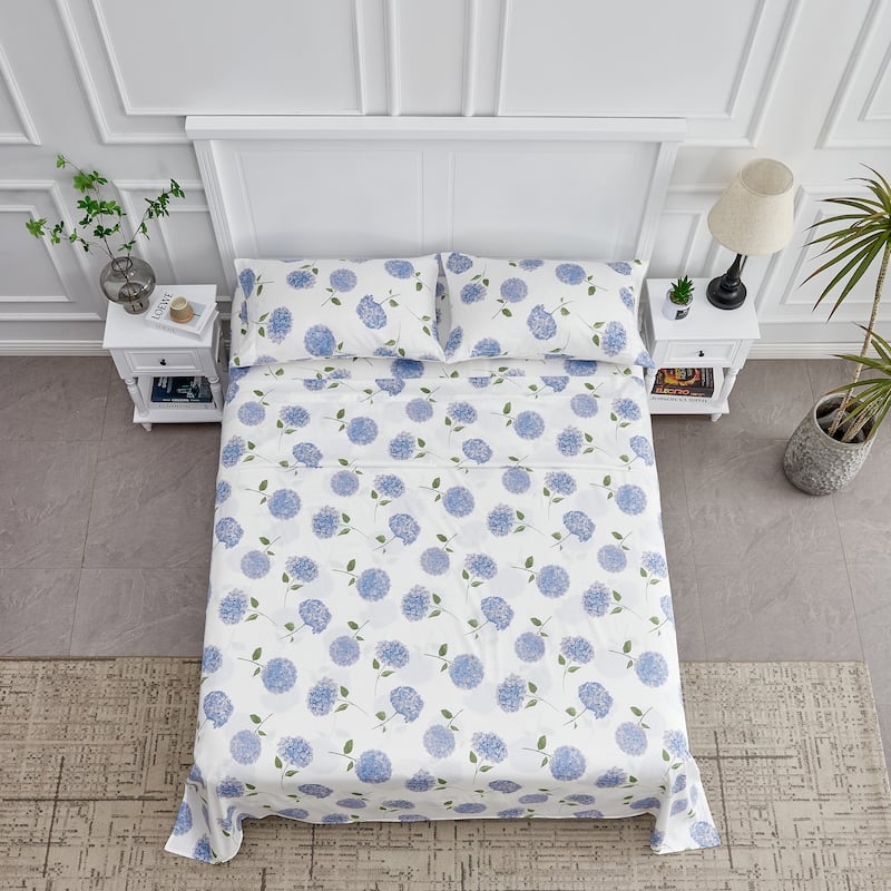 Printed Design Cotton Collection 400TC Hemstitch Blue Hydrangea Sheet Set and Pillowcases