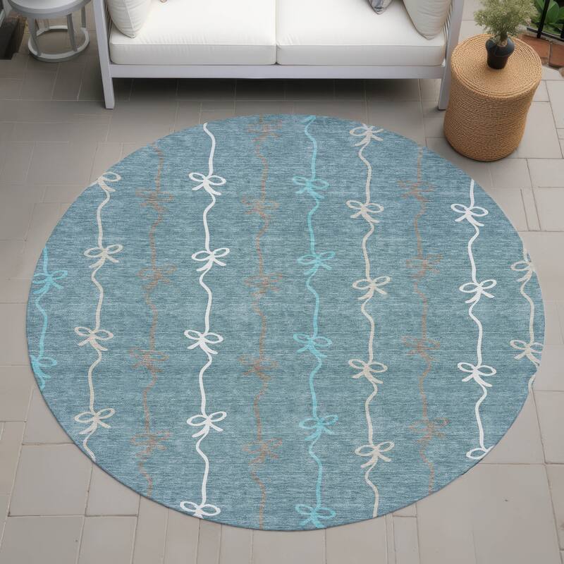 Machine Washable Indoor/ Outdoor Modern Bow Stripe Chantille Rug - Teal - 8' x 8'