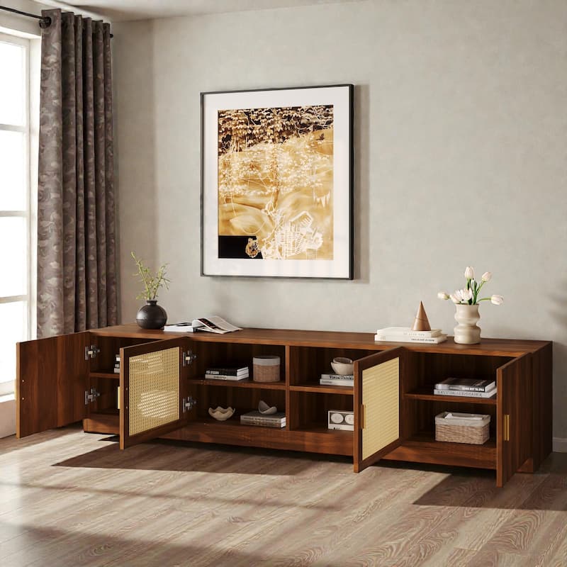 78" Mid-Century TV Stand for TVs Up to 85", Rattan Door Media Console with Adjustable Shelves & Cable Management