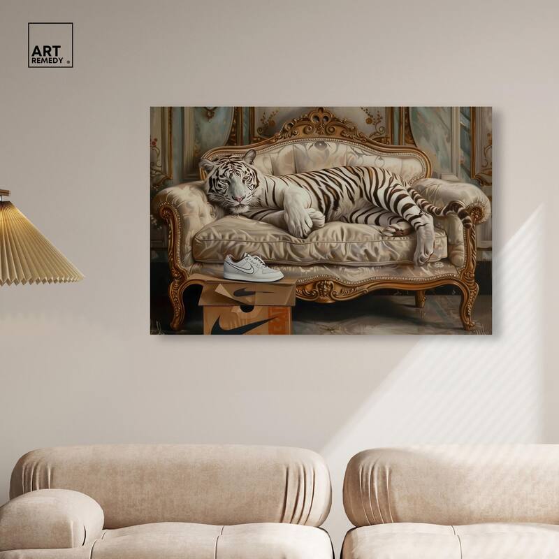 Lounging Sneaker Tiger Canvas by Art Remedy, Gallery Wrapped