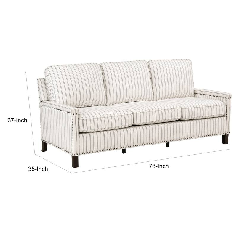 Claire 78 Inch Sofa, Beige, Gray Polyester Pinstripes, Cushions, Solid Wood