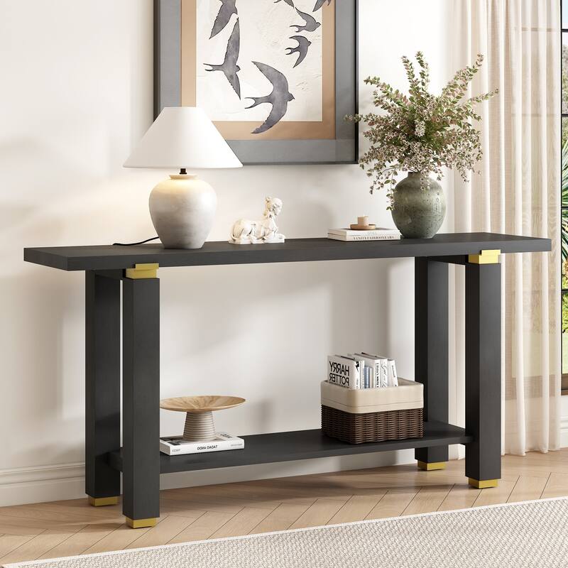 Modern Minimalist Console Table, Wooden Entryway Side Table with Metal Accents, Sofa Table with Built-in Storage Shelf - Black