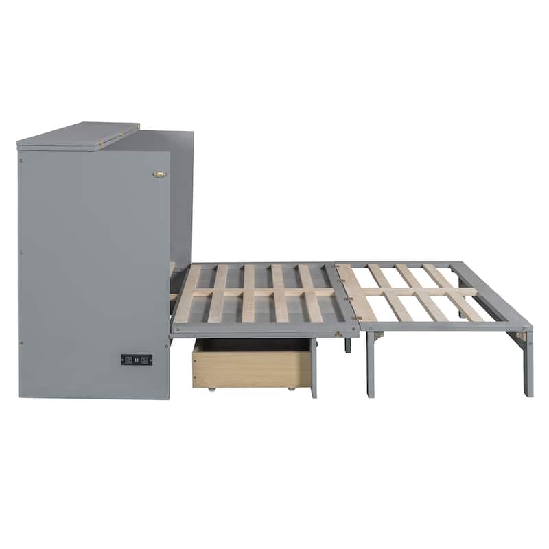 Queen Size Foldable Murphy Bed with Storage Drawers & USB Charging,Space Saving Wall Bed