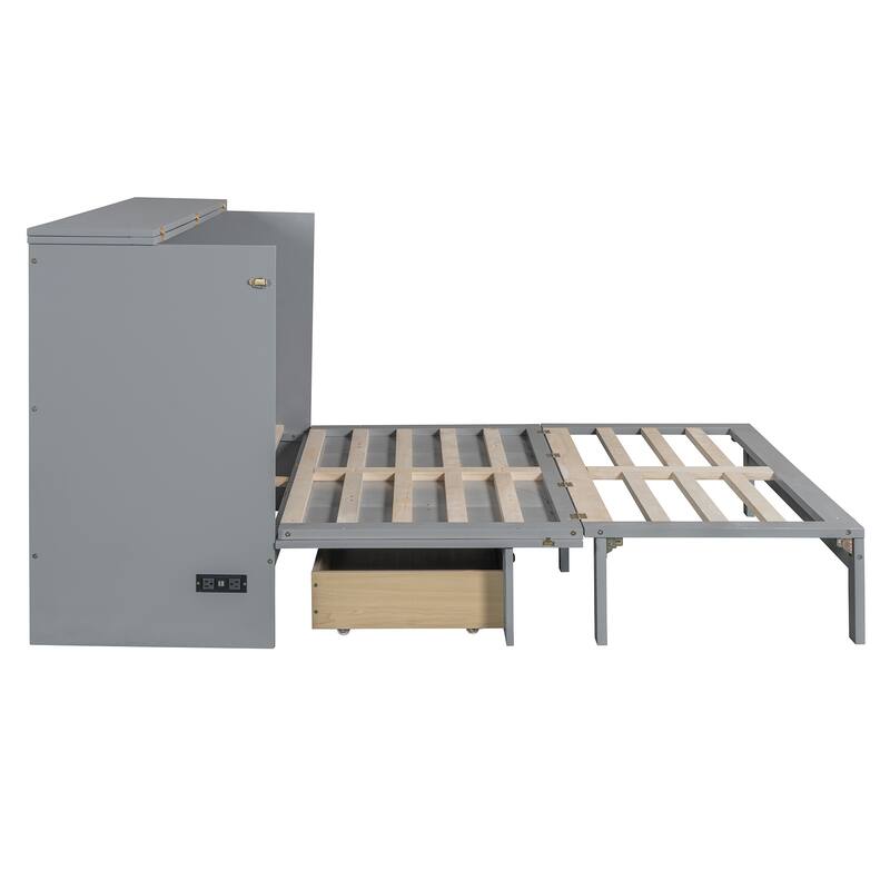 Space-Saving Queen Size Murphy Bed with Large Drawers and USB Charging, Gray