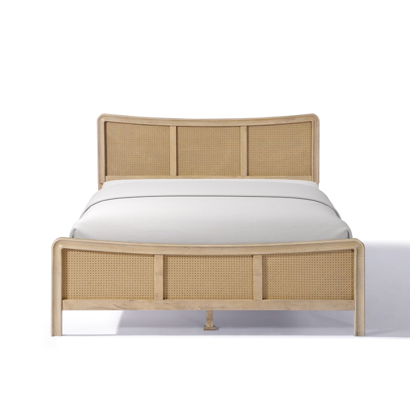 Christopher Knight Home- Celestine Curved Rubberwood Bed Frame with Rattan Headboard
