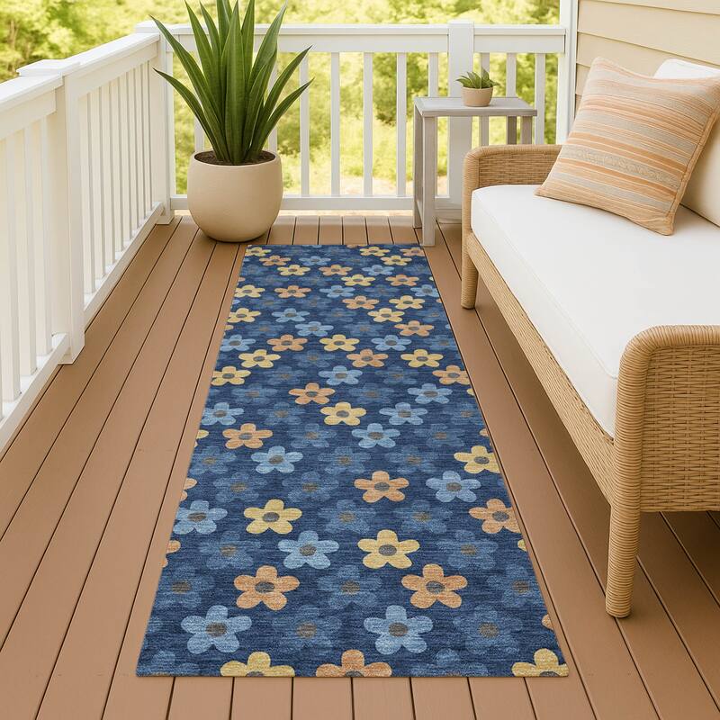 Machine Washable Indoor/ Outdoor Floral Kechi Chantille Rug - Navy - 2'3" x 7'6"