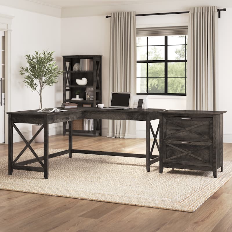 Key West 60W L Desk with 2 Drawer File Cabinet by Bush Furniture - Dark Gray Hickory