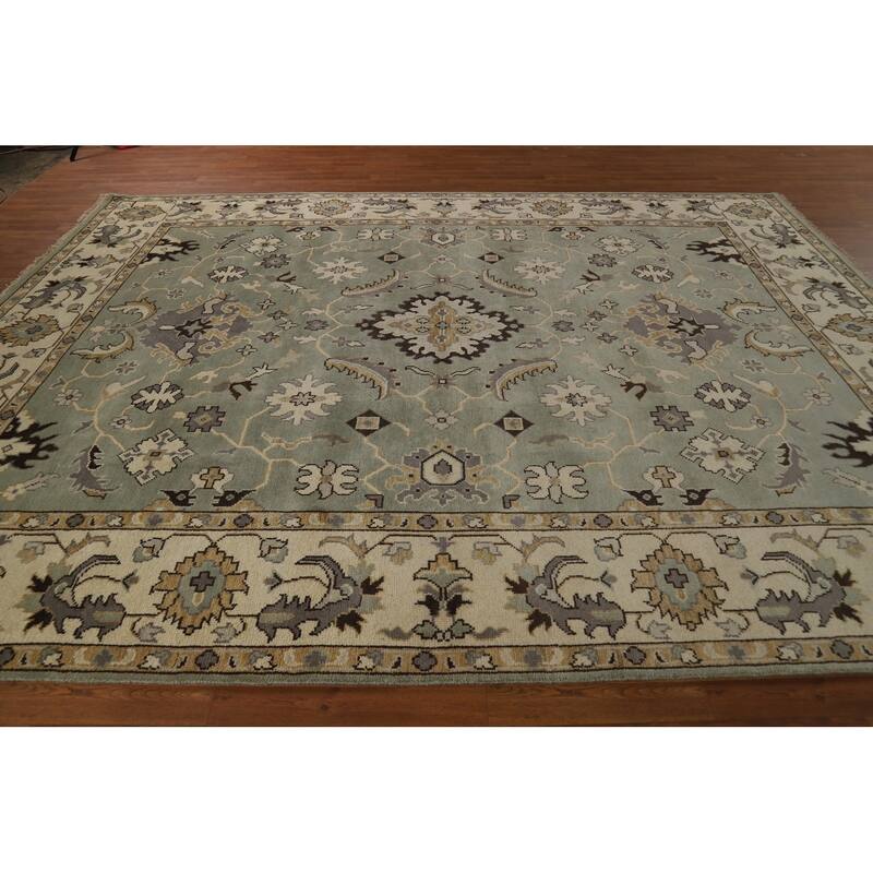 Green Floral Oushak Indian Area Rug Hand-Knotted Wool Carpet - 9'1"x 11'10"