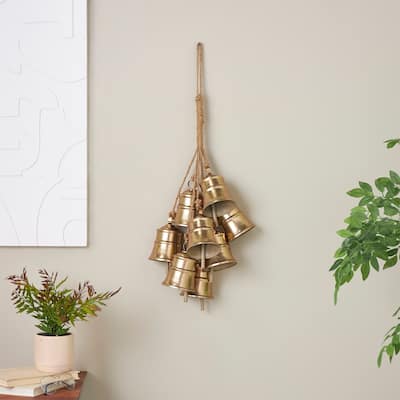 Gold Metal Cluster Decorative Bells with Jute Hanging Rope