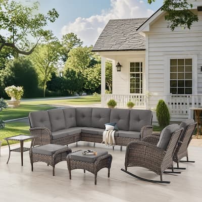 Gymojoy Outdoor Sectional Sofa Set with Rocking Chairs, Ottomans, Water-Resistant Cushions