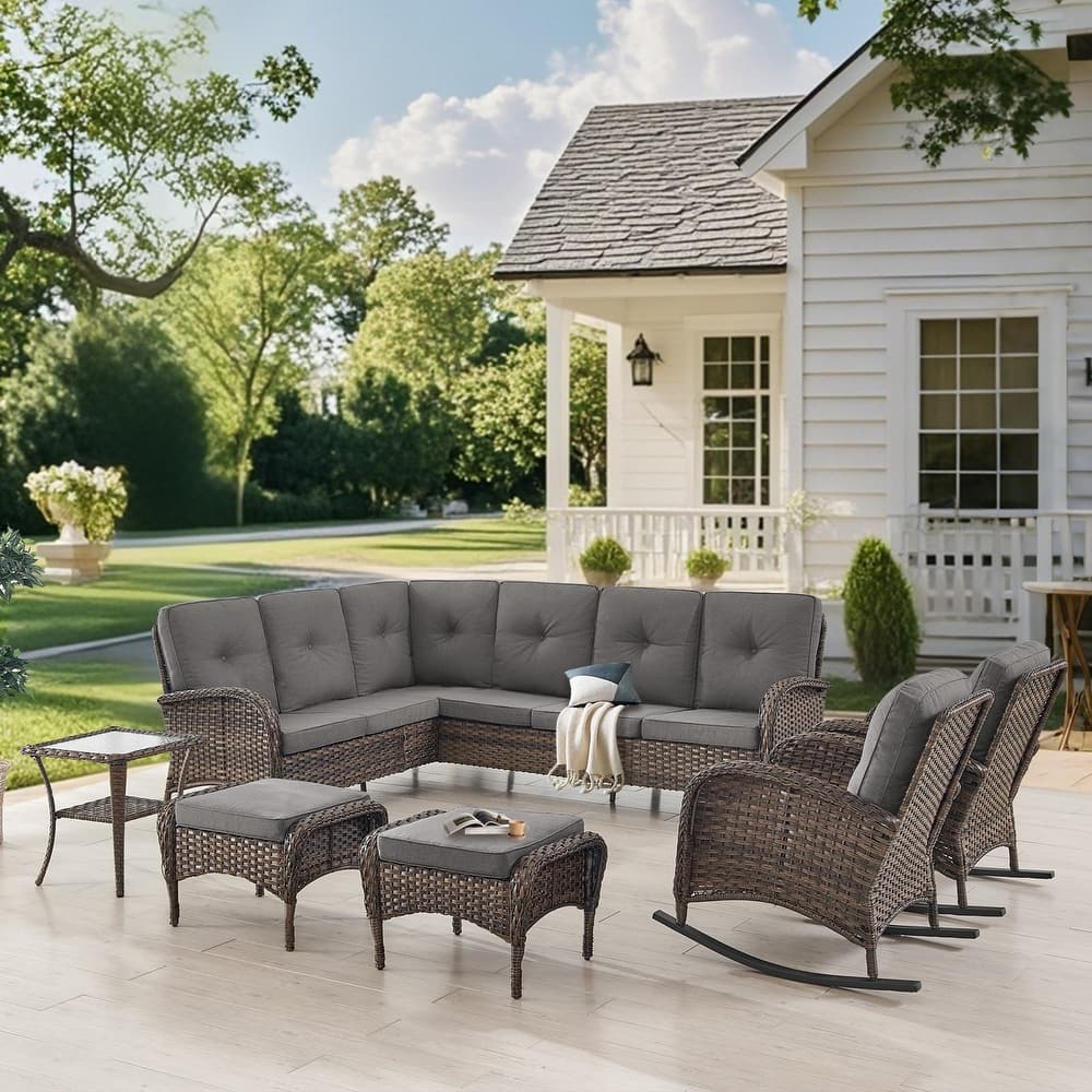 Gymojoy Outdoor Sectional Sofa Set with Rocking Chairs, Ottomans, Water-Resistant Cushions
