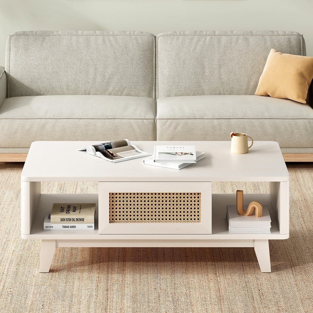 Mid Century Coffee Table with Storage, Modern Square with Rattan Drawer, Wooden Living Room Table with Solid Wood Leg