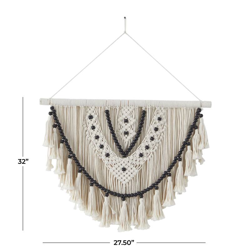 Cotton Fabric Macrame Handmade Woven Home Wall Decor with Black Beaded Accents - White - CosmoLiving by Cosmopolitan