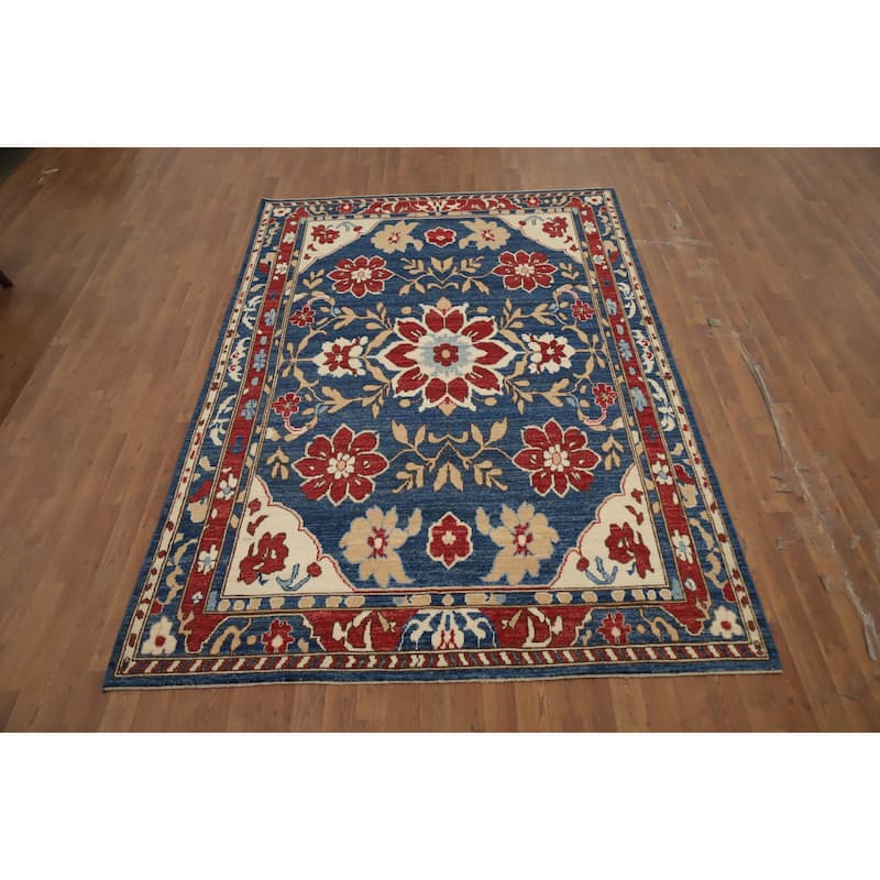Hand Knotted Oriental 100% Wool Carpet Transitional Floral Navy Blue & Blues Oushak Area Rug - 9' 1'' X 6' 0''