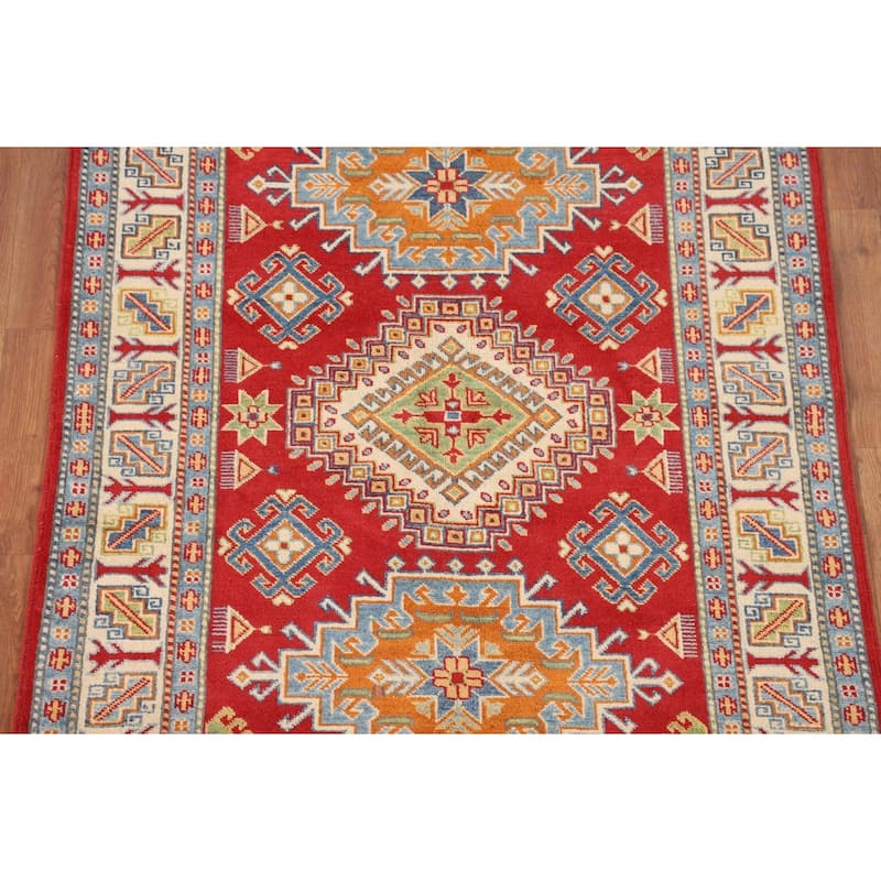 Red Geometric Kazak Oriental Rug Hand-Knotted Traditional Wool Carpet - 4'1" x 5'10"