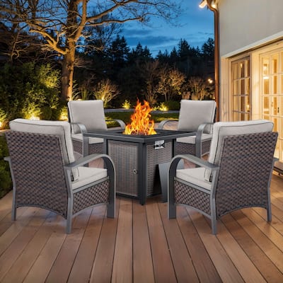4 Outdoor Patio Chairs with Fire Pit Table - Beige Cushion - Brown