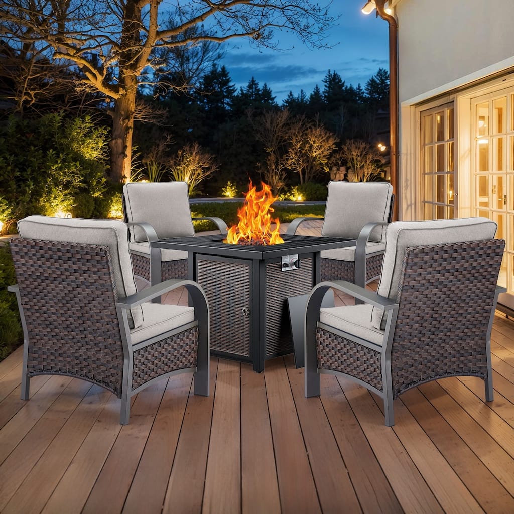 4 Outdoor Patio Chairs with Fire Pit Table - Beige Cushion - Brown
