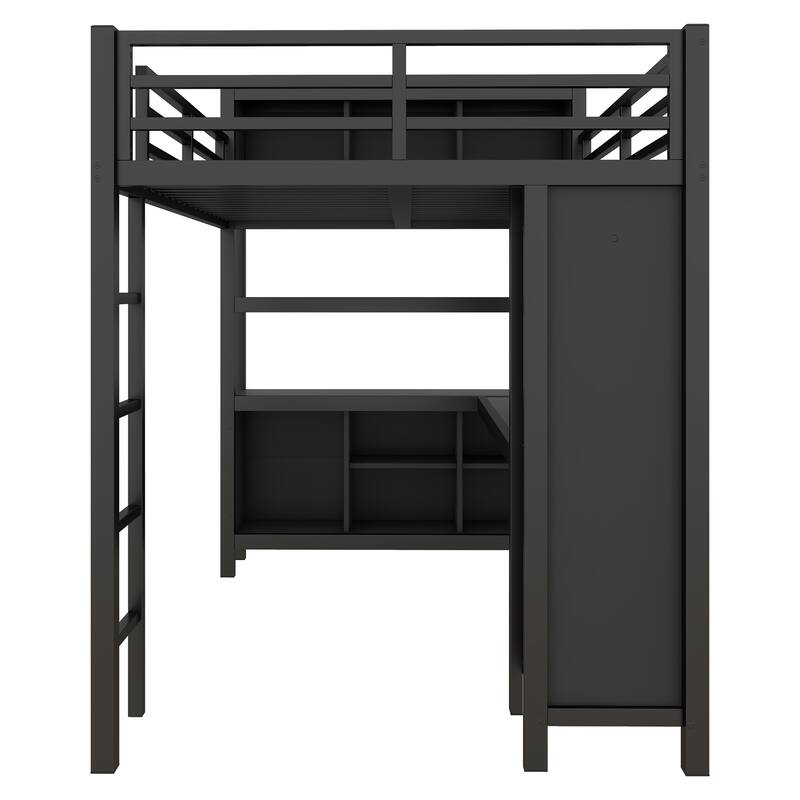 Full Size Metal Loft Bed with Wardrobe, L-Shaped Desk, Storage Cubes and Shelves