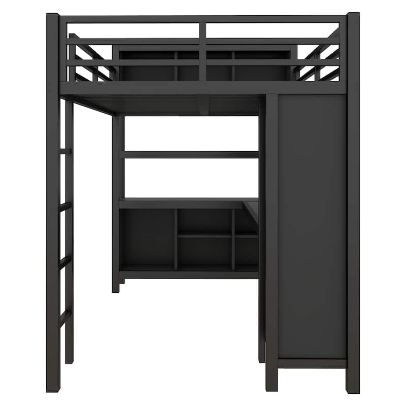 Full Size Metal Loft Bed with Wardrobe, L-shaped Desk, and Storage Shelves for Kids, Teens, and Adults, Black