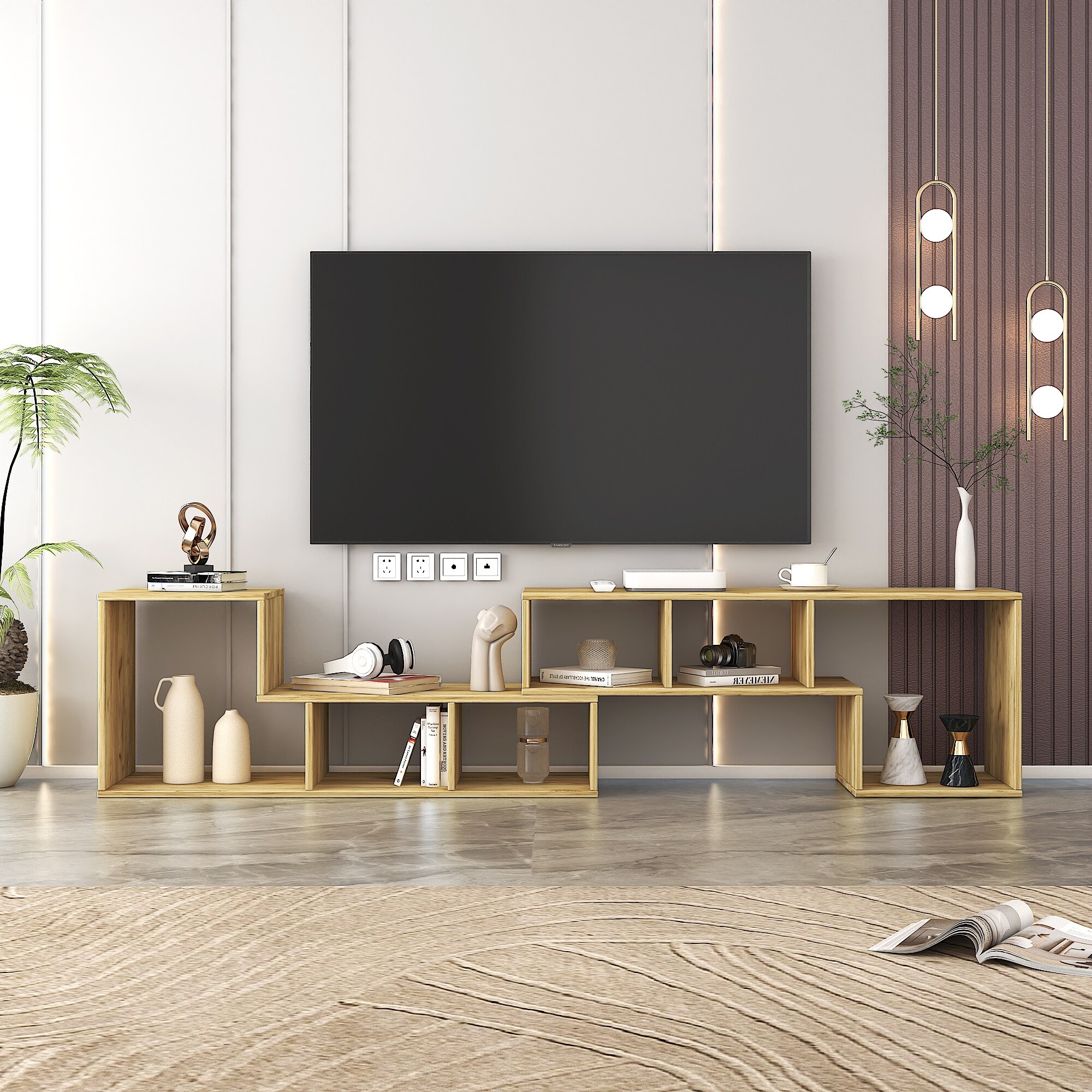 Modern Double L-Shaped Walnut TV Stand and Bookcase, Adjustable