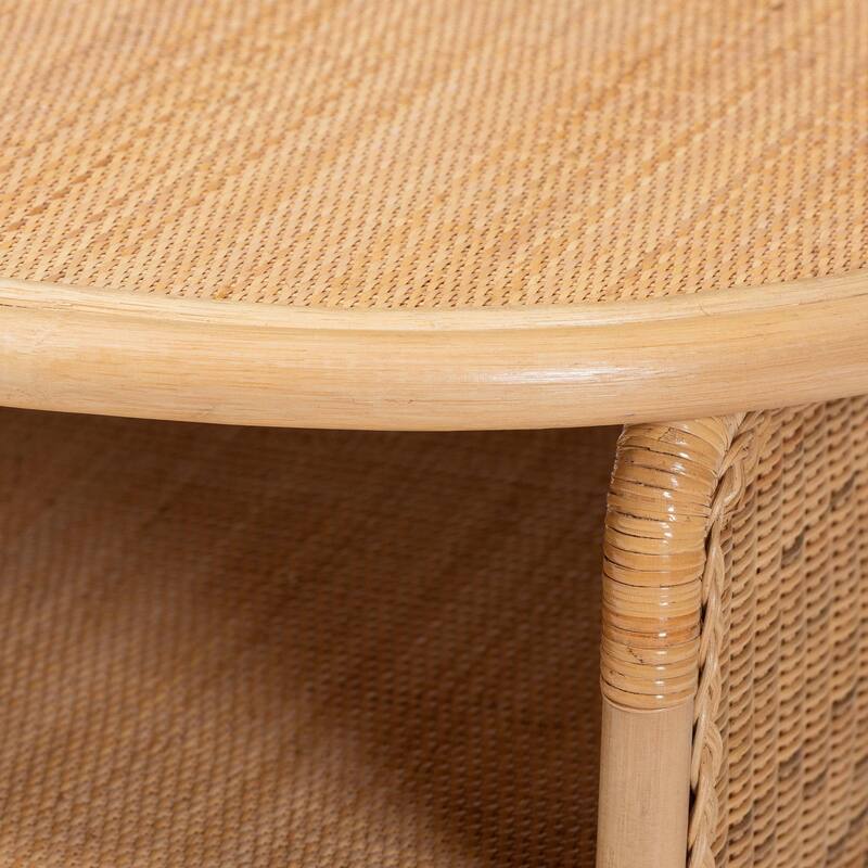 Dyna Natural Rattan Coffee Table with Open Shelf - Handwoven Wicker Accent Table with Oval Tabletop and Braided Weavings
