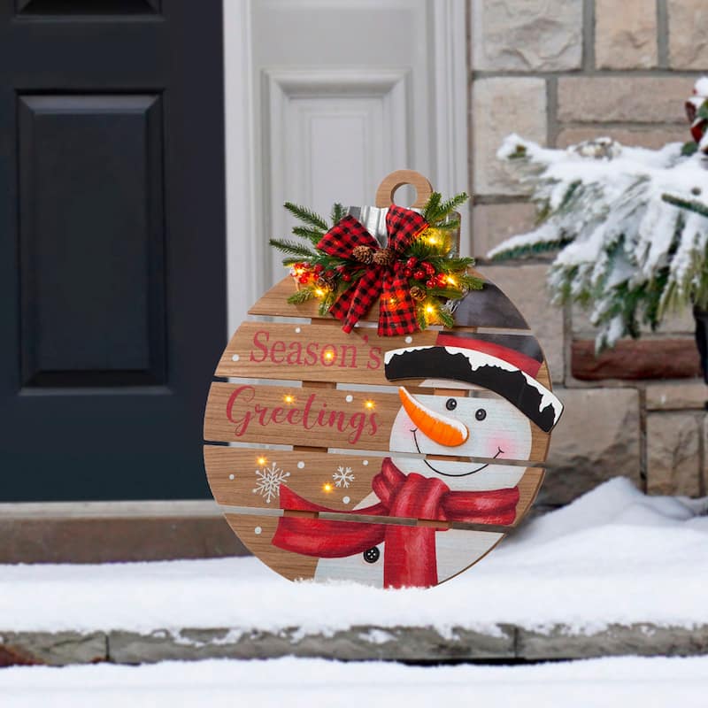 Glitzhome 30"H Lighted Round Wooden Christmas Porch Decor