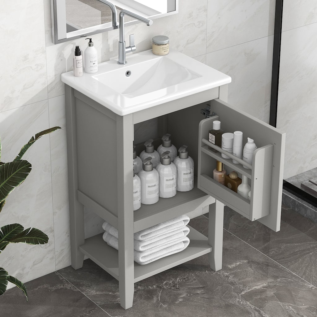 20" Bathroom Vanity with Sink, Soft Closing Door, Storage Rack & Open Shelf - Modern Grey Freestanding Cabinet