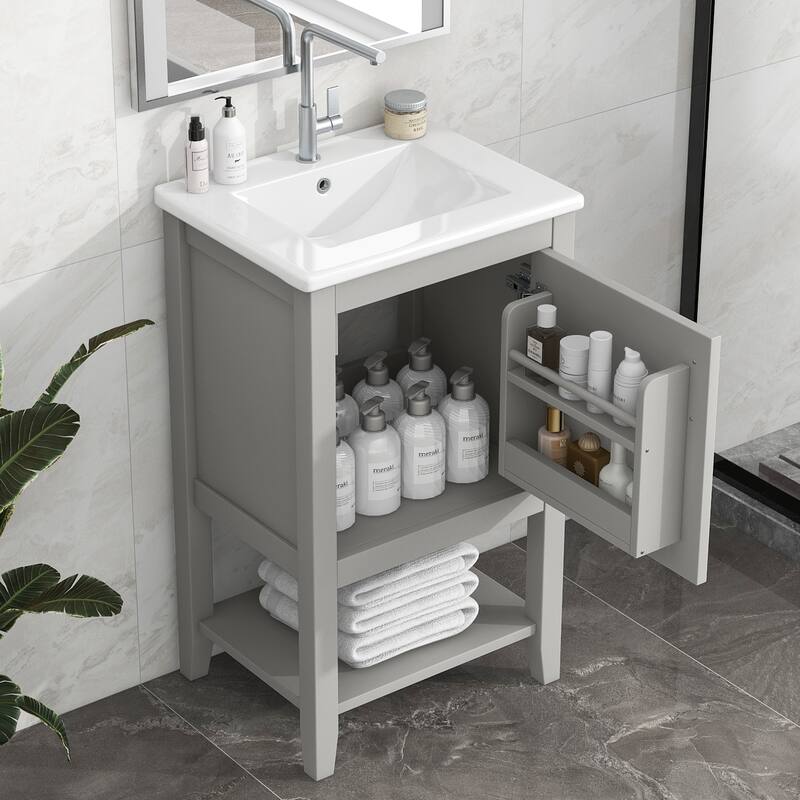 20" Modern Bathroom Vanity with Sink, Soft Close Door, Storage Rack & Open Shelf, Freestanding Cabinet