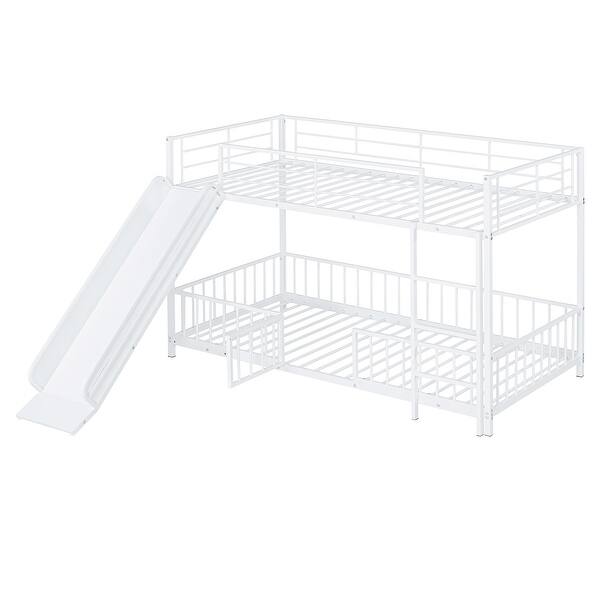 slide 2 of 20, White Twin Over Twin Metal Bunk Bed with Slide & Ladder, Heavy Duty Low Bunk Beds w/Safety Guardrail & Small Door for Girls Boys White - Twin