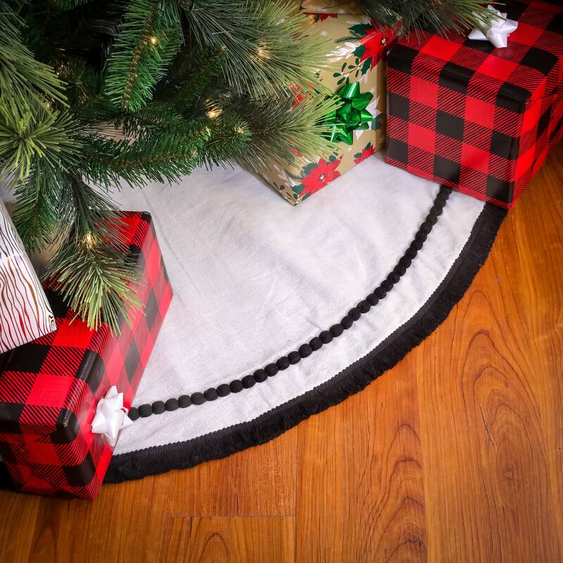 National Tree Company 52 in. HGTV Home Collection Black & White Tree Skirt With Pompom, Lace And Fringe Details, White - 52 in